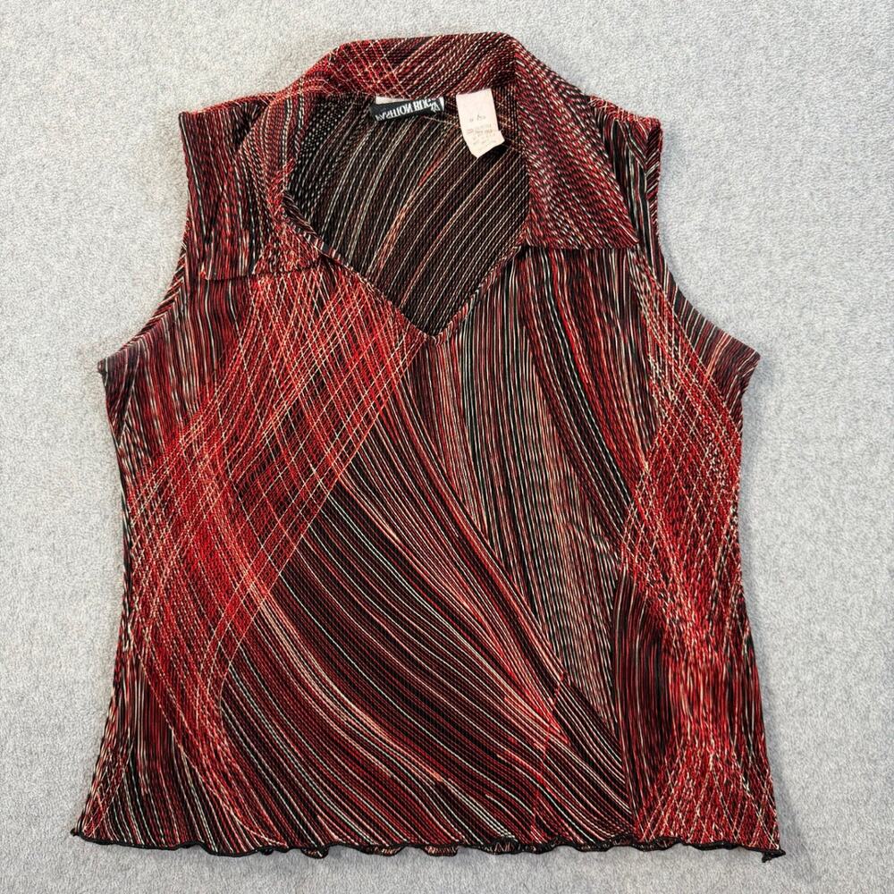 Fashion Bug Women's Small Red Black White Crinkle Pleated Sleeveless Y2k Blouse